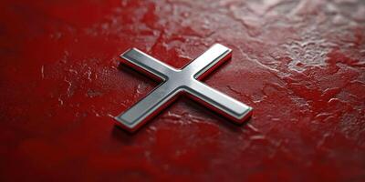 Metal cross design on a textured red surface showcasing modern artistic elements and contrasting colors photo