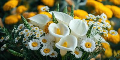 Beautiful spring bouquet featuring white calla lilies and vibrant yellow flowers in a sunny garden setting photo