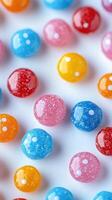Colorful assorted candies scattered on a white background during daylight photo