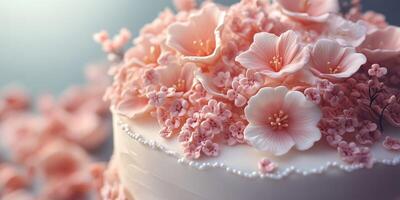 Exquisite cake adorned with delicate pink flowers for a special celebration photo