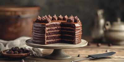 Chocolate cake on a rustic wooden table with layers and dark frosting served with a knife in a cozy kitchen setting photo