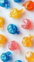Colorful candy wrappers scattered on a bright background evoke a sense of joy and nostalgia for sweet treats photo