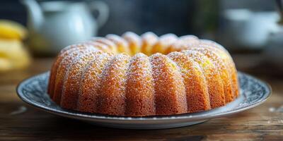 Delicious bundt cake served on an elegant plate with powdered sugar at a cozy kitchen setting in the morning photo