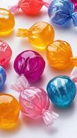 Colorful assortment of assorted hard candies on a white background creating a vibrant and festive display photo