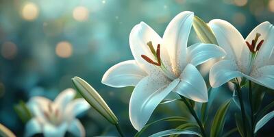 Elegant white lilies bloom in a serene garden setting during the soft glow of sunset hours photo