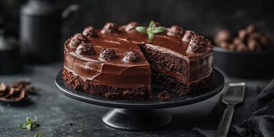 Chocolate cake with rich frosting and mint garnish displayed on a sleek black pedestal in a dimly lit kitchen setting photo