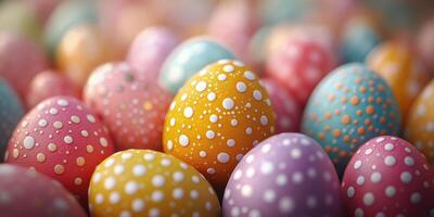 Colorful decorated eggs fill a basket in a festive display suitable for spring celebrations and Easter festivities photo