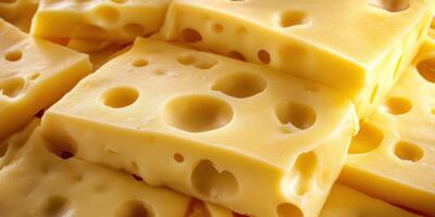 Delicious cheese with holes stacked neatly, showcasing a vibrant yellow hue photo