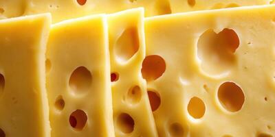 Slices of cheese with distinctive holes displayed on a clean surface in a well-lit kitchen photo