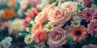 Beautiful bouquet of assorted flowers displayed in soft natural light at a spring garden party photo