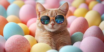 linda naranja gato vistiendo Gafas de sol entre vistoso Pascua de Resurrección huevos en un vibrante primavera ajuste foto