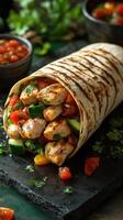 Freshly grilled chicken wrap filled with colorful vegetables and herbs on a rustic stone surface photo