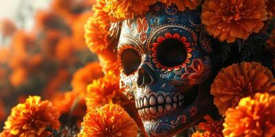 Colorful sugar skull adorned with marigold flowers, representing the Day of the Dead celebration in a vibrant setting photo