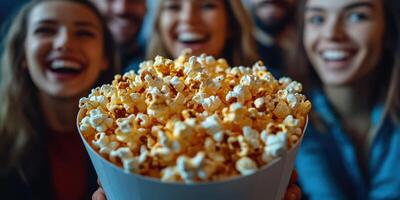 Friends enjoying popcorn at a movie night gathering in a cozy setting with smiles and laughter photo