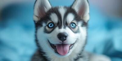 Happy husky puppy with bright blue eyes and playful expression on a soft blue background photo