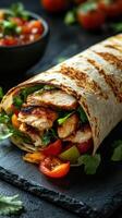 Delicious grilled chicken wrap with fresh vegetables and salsa served on a slate platter photo