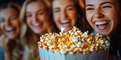 Friends enjoying popcorn and laughter at a movie night gathering in a cozy setting photo