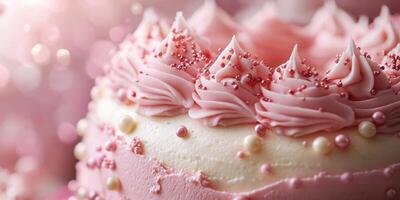 Beautifully decorated pink cake with frosting and sprinkles displayed at a celebration in a bright setting photo