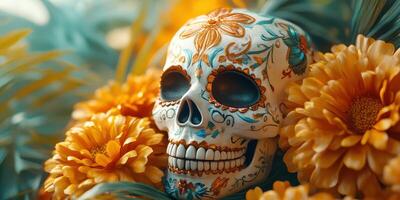 Colorful decorated skull surrounded by vibrant marigold flowers at a festive event photo
