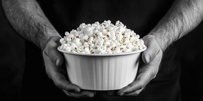 Freshly popped popcorn served in a bowl held with both hands against a dark background photo
