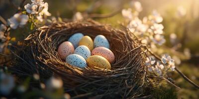Colorful speckled eggs resting in a nest surrounded by delicate white blossoms in a sunlit spring setting photo
