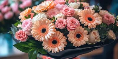 Beautiful bouquet of peach roses and white daisies on display in a vibrant flower shop in spring photo