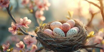Nest filled with colorful eggs surrounded by blossoming flowers during springtime in a warm afternoon light photo