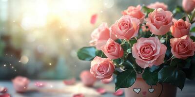 Pink roses in a decorative pot create a romantic ambiance with soft light and petals scattered across a table photo