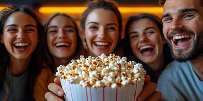 Group of friends enjoying a movie night with popcorn in a cozy indoor setting during the evening photo
