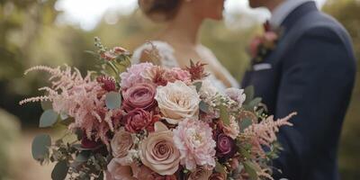 Boda Pareja compartiendo un romántico momento con un Exquisito ramo de flores en un lozano al aire libre ajuste durante dorado hora foto