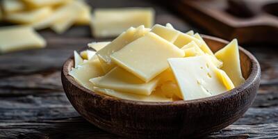 Slices of creamy cheese arranged in a rustic wooden bowl on a weathered table photo