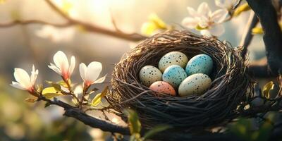 Nest with colorful eggs nestled among blooming flowers in a serene spring setting, capturing nature's beauty at dawn photo