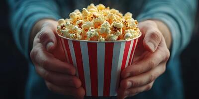 Hands holding a striped cup filled with freshly popped popcorn against a dimly lit background during a movie night photo