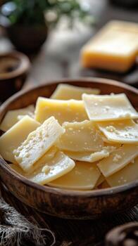 Freshly sliced cheese served in a wooden bowl on a rustic table in a warm kitchen setting photo