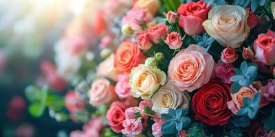 Beautiful floral arrangement featuring assorted roses and pastel blooms in a vibrant display of nature's colors photo