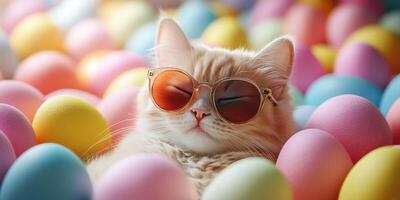 Adorable cat wearing sunglasses relaxed among colorful Easter eggs in a playful environment during springtime photo