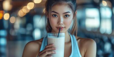 Woman enjoying a smoothie in a bright gym setting during a fitness routine photo