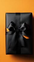 Elegant black gift box tied with a scarf on a bright orange background, perfect for any special occasion photo