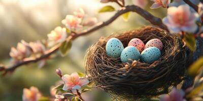 Colorful eggs nestled in a bird's nest among blooming flowers during spring season photo