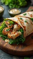 Grilled chicken wrap with fresh lettuce and creamy sauce served on a wooden board photo