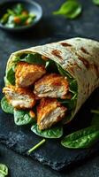 Crispy chicken wrap with fresh spinach served on a dark slate background in a stylish presentation photo