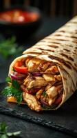 Grilled chicken wrap filled with fresh vegetables and herbs served on a slate plate photo