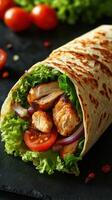 Delicious chicken wrap filled with fresh vegetables and herbs on a black background photo