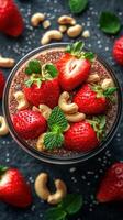 Fresh strawberries and cashews atop nutritious chia seed pudding in a dessert glass with mint garnish photo