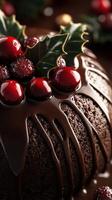 Chocolate dessert adorned with red berries and holly on a festive table setting during winter holidays photo