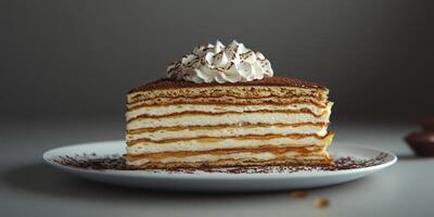Layered dessert served on a plate with whipped cream and cocoa topping in a dimly lit setting photo