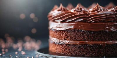 Chocolate cake with rich frosting displayed on a plate with sprinkles scattered around photo
