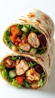 Delicious chicken wrap filled with fresh vegetables and herbs enjoyed during a casual lunch gathering on a sunny afternoon photo