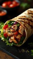 Grilled chicken wrap filled with fresh vegetables and herbs on a dark plate, perfect for a satisfying meal photo