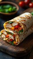 Delicious chicken wrap with fresh vegetables prepared in a cozy kitchen setting photo